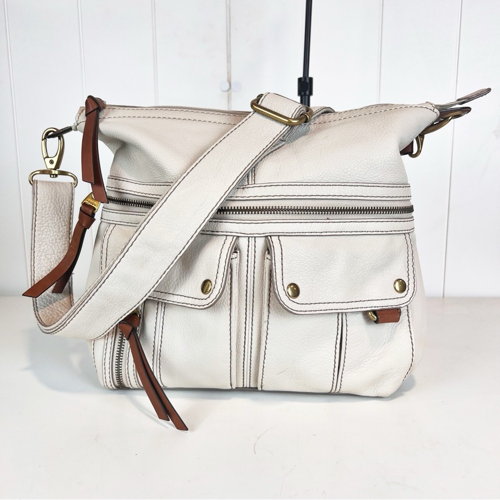Vintage Fossil Crossbody White Textured Leather Multi Pocket Adjustable Strap